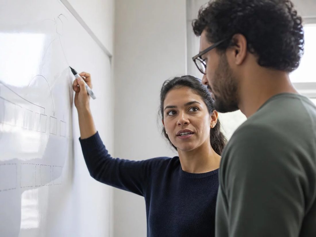Duas pessoas diante do quadro branco com a armação de um argumento rabiscada